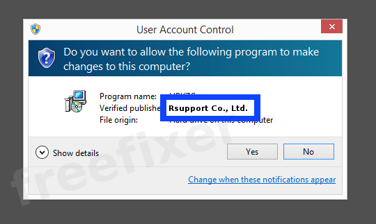 Screenshot where Rsupport Co., Ltd. appears as the verified publisher in the UAC dialog